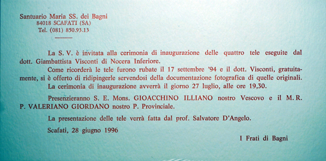 L'invito alla presentazione delle copie realizzate dall'artista Giambattista Visconti