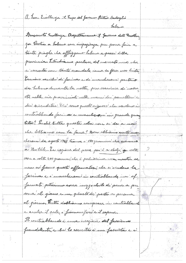 La prima pagina della lettera a Badoglio